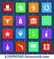 Cowboy icons. Vector wild west pictograms