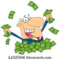 Salesman playing in a pile of money