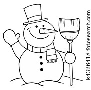 schneemann, halten, a, besen, und, winkende