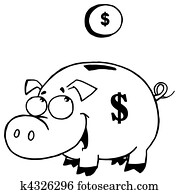 skitseret, mønt, og, piggy bank