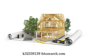 Concept of construction. 3d render of house in building process with trees, calculator and pencil on the blueprint. We see constituents of roof frame and insulation layer.