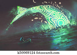 man on boat looking at the jumping glowing green whale in the sea man on boat looking at the jumping glowing green whale in the sea