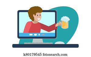 begriff, online, party, mit, beer., heiter, mann, mit, glas, von, schaum, wei?bier, klettert, heraus, von, edv, monitor,, laptop., oktomberfest, an, home., vektor, flache, illustration., soziales, vernetzung begriff, online, party, mit, beer., heiter, mann, mit, glas, von, schaum, wei?bier, klettert, heraus, von, edv, monitor,, laptop., oktomberfest, an, home., vektor, flache, illustration., soziales, vernetzung