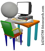 Computer user uses 3D cartoon PC monitor Computer user uses 3D cartoon PC monitor