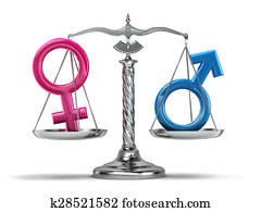 Gender equality concept. Male and female signs on the scales isolated on white.