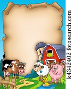 Parchment with barn and animals Parchment with barn and animals