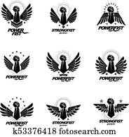 Set of vector symbols created with clenched fist of athletic man, eagle wings, pentagonal stars and different graphic elements. Best fighter vector emblems, champion concept.