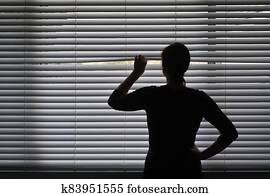 חשוד, אישה מסתכלת, בחוץ, דרך, a, ונציאני, וילון, מעוור