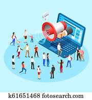 רשת, קידום, marketing., לפרסם, סוציאלי, תקשורת, מגפון, לשדר, פרסומות, מ, מחשב נייד, הקרן, וקטור, איזומטרי, מושג, דוגמה