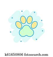 caricatura, coloreado, impresión pata, icono, en, cómico, style., perro, gato, oso, pata, ilustración, pictogram., pawprint, señal, salpicadura, empresa / negocio, concept.