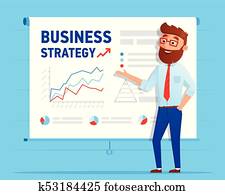 obchodník, ukazuje, business plan, dále, plynomet zastínit, s, ta, business strategie, graf, a, charts., člověk obchodního ducha, karikatura, charakter, s, infographics, vektor, byt, design.