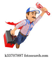 3D Super Plumber flying with toolbox and pipe wrench 3D Super Plumber flying with toolbox and pipe wrench