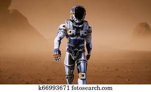 Astronaut walks on the surface of Mars through a dust storm. Panoramic landscape on the surface of Mars. 3D Rendering