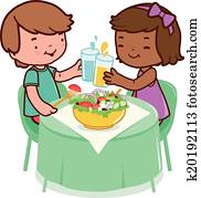 Children sitting o a table and eating healthy food. Vector Illustration Children sitting o a table and eating healthy food. Vector Illustration