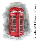englisches, telefonzelle, gezeichnet, per, hand