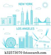 New York and Los Angeles skyline illustration in lines style. New York and Los Angeles skyline illustration in lines style.