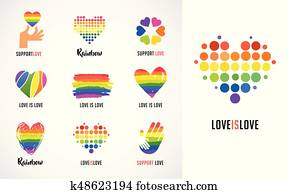 alegre, lgbt, colección, de, símbolos, iconos, y, logotipos, con, arco irirs, corazón, manos