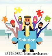 Business People Arab Group Hold Jigsaw Puzzle Piece Concept of Solution Arabic