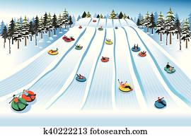 pessoas, tendo divertimento, sledding, ligado, tubulação, colina, durante, inverno