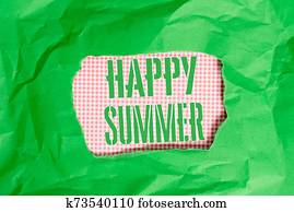 Text sign showing Happy Summer. Conceptual photo Beaches Sunshine Relaxation Warm Sunny Season Solstice Green crumpled ripped colored paper sheet centre torn colorful background. Text sign showing Happy Summer. Conceptual photo Beaches Sunshine Relaxation Warm Sunny Season Solstice Green crumpled ripped colored paper sheet centre torn colorful background.