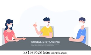 Three people in family keep distance sitting with face mask. Social distancing concept. New normal lifestyle after covid-19