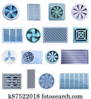 Ventilation icons set, cartoon style Ventilation icons set, cartoon style