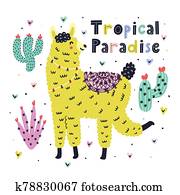 גן עדן טרופי, כרטיס, עם, a, חמוד, llama., קיץ, הדפס, עם, a, מצחיק, אלפקה, ב, סקנדינבי, סיגנון