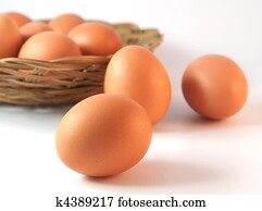 Basket with chicken eggs with one in front