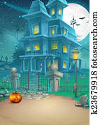 Holiday card with a mysterious Halloween haunted house and scary pumpkin Holiday card with a mysterious Halloween haunted house and scary pumpkin