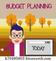 texto, sinal, mostrando, orçamento, planning., conceitual, foto, a, escrito, descrição, aproximadamente, corrente, e, futuro, despesas, macho, orador, monitor, com, busca, ferramenta, ligado, tela, apresentação, ou, report.