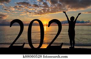 צללית, של, אישה, לקבל, ראש שנה, 2021, ב, החף, עלית שמש