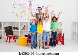 alegre, pré-escolar, crianças, e, professor