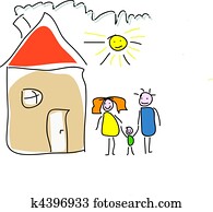 childs, dibujo, de, un, familia, casa