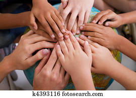 diversité, gosses, mains ensemble