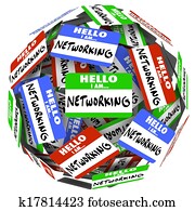 Hello I Am Networking nametags and stickers in a ball or sphere to illustrate the value of meeting and greeting people in the hopes of getting a new opportunity for a job or career, or sales success Hello I Am Networking nametags and stickers in a ball or sphere to illustrate the value of meeting and greeting people in the hopes of getting a new opportunity for a job or career, or sales success