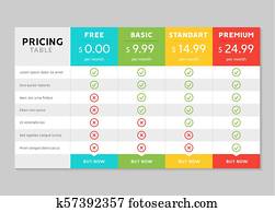 Pricing table design for business. Price plan web hosting or service. Table chart comparison of tariff Pricing table design for business. Price plan web hosting or service. Table chart comparison of tariff