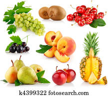 set fresh fruits with green leaves