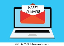 Text sign showing Happy Summer. Conceptual photo Beaches Sunshine Relaxation Warm Sunny Season Solstice Computer receiving email important message envelope with paper virtual. Text sign showing Happy Summer. Conceptual photo Beaches Sunshine Relaxation Warm Sunny Season Solstice Computer receiving email important message envelope with paper virtual.