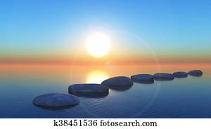 3D stepping stones in the ocean at sunset 3D stepping stones in the ocean at sunset