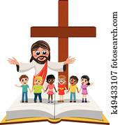 carton, ouvrir bras, jésus, gosses, enfants, main dans main, bible ouverte, évangile, isolé