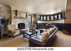 Basement with stone fireplace Basement with stone fireplace
