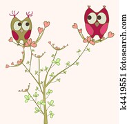 búhos, enamorado, en, rama
