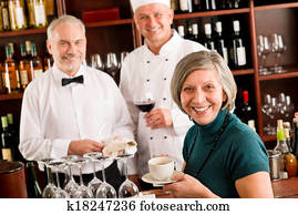 restaurace, usmívaní, správce, s, hůl, víno advokacie