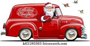 Cartoon retro Christmas van with Santa Claus Cartoon retro Christmas van with Santa Claus