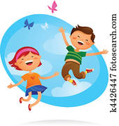 heureux, gosses, sauter