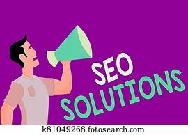 Text sign showing Seo Solutions. Conceptual photo Search Engine Result Page Increase Visitors by Rankings Man in Shirt Standing Talking Holding a Megaphone Male Calling Out onto. Text sign showing Seo Solutions. Conceptual photo Search Engine Result Page Increase Visitors by Rankings Man in Shirt Standing Talking Holding a Megaphone Male Calling Out onto.