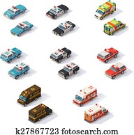 Vector isometric emergency services cars set Vector isometric emergency services cars set