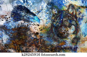 Wolf and eagle color painting, feathers background, multicolor collage illustration. White lightning Wolf and eagle color painting, feathers background, multicolor collage illustration. White lightning