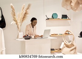 אמריקאי אפריקני, מבצע עבודות, לעבוד ב, a, מחשב נייד, ב, שלה, בוטיק