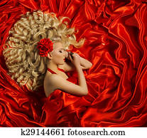 Hair Style, Woman Curly Hairstyle, Fashion Model Long Curl Hair, Girl on Red Color